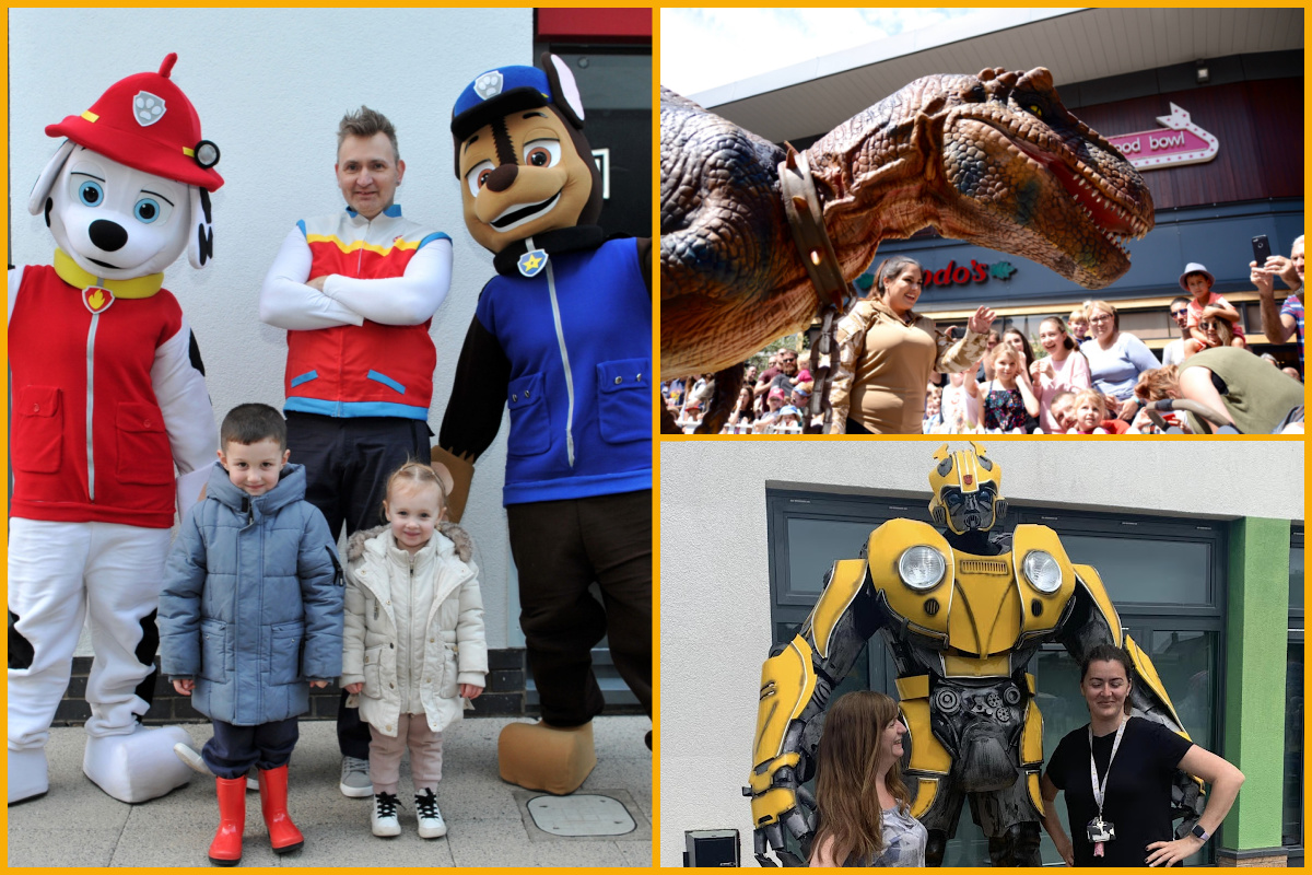 Collage of images of guests meeting with Paw Patrol, Dinosaur and Transformers characters